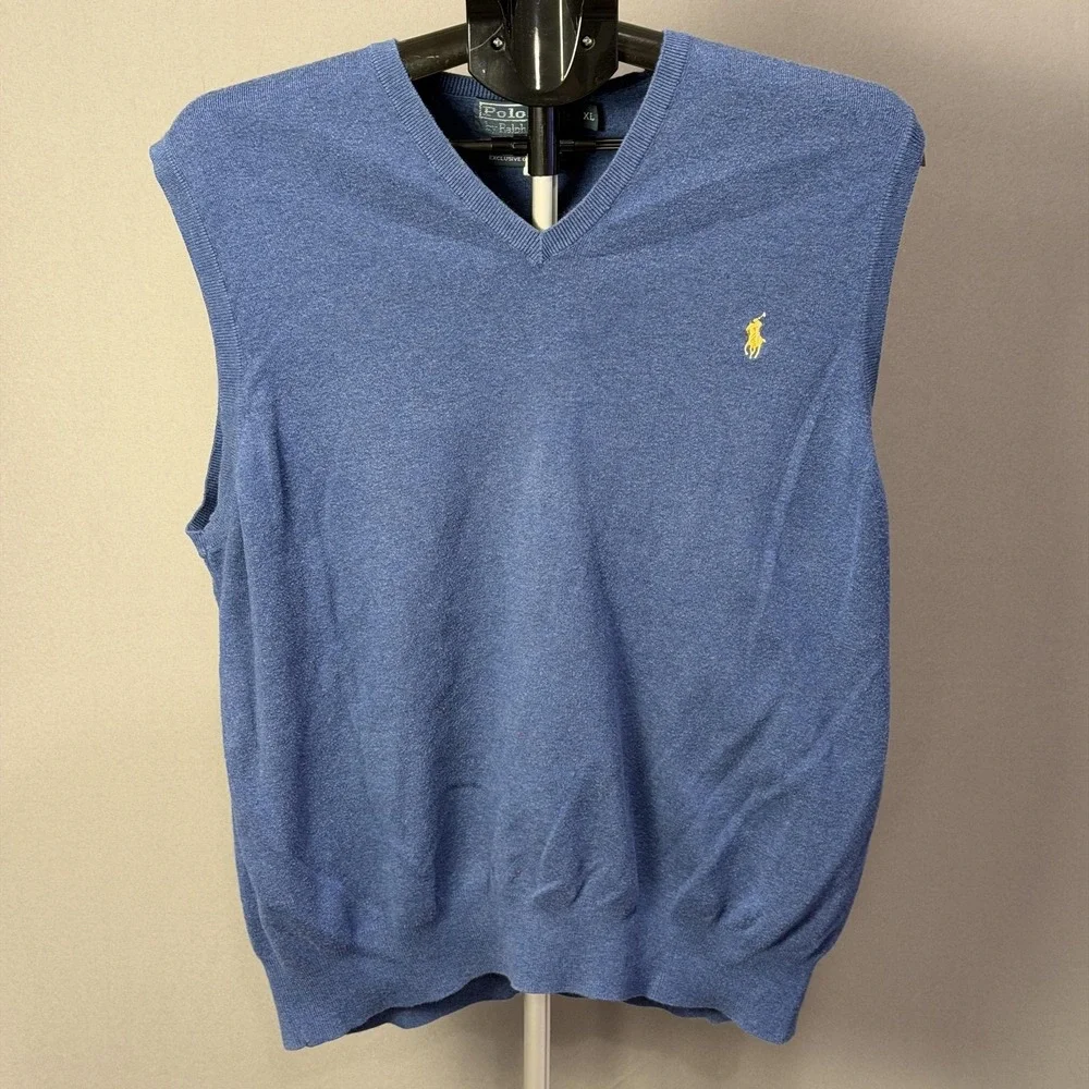 Polo Ralph Lauren Sweater Vest Mens XL Blue Pima Cotton‎ V Neck Knit Pullover